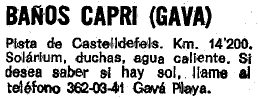 Breu anunci del restaurant-balneari Capri de Gav Mar publicat al diari La Vanguardia el 15 de Maig de 1974 dins de la secci Restaurants recomanats